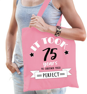 cadeau tas dames - 75 en perfect - roze - katoen - 42 x 38 cm - vijfenzeventig
