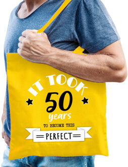cadeau tas heren - 50 en perfect - geel - katoen - 42 x 38 cm - vijftig/Abraham