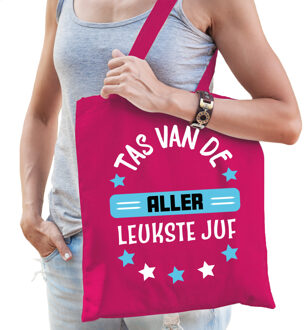 cadeau tas juf - fuchsia roze/blauw - 42 x 38 cm - Tas van de aller leukste juf - Feest Boodschappe