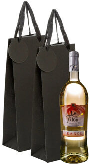 Cadeau tas verpakking voor 1 fles wijn/champagne - 3x - zwart - papier met glitters - flessentasje