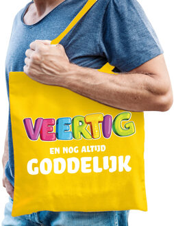 cadeau tas voor heren - veertig en goddelijk - geel - katoen - 42 x 38 cm