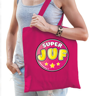 cadeau tas voor juf - fuchsia roze - katoen - 42 x 38 cm - juffendag - Feest Boodschappentassen