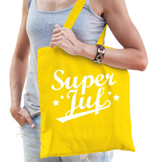cadeau tas voor juf - super juf - geel - katoen - 42 x 38 cm - juffendag - Feest Boodschappentassen