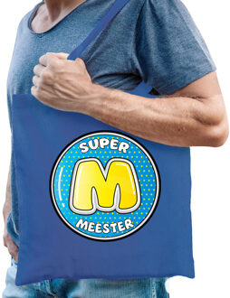 cadeau tas voor meester - blauw - katoen - 42 x 38 cm - meesterdag - Feest Boodschappentassen