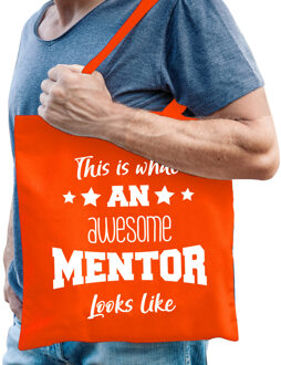 cadeau tas voor mentor - katoen - 42 x 38 cm - oranje - geweldige mentor - Feest Boodschappentassen