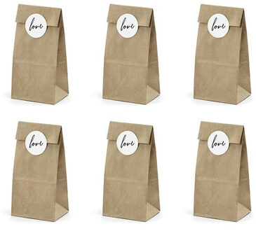 Cadeau uitdeelzakjes - 6x stuks - met Love tekst stickers - 6 x 8 x 18 cm - verjaardag / bruiloft Bruin
