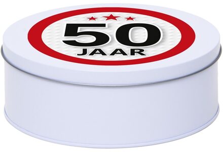 Cadeau voor Abraham/Sarah wit bewaarblik/opbergblik 18 cm met 50 jaar sticker - Cadeaudoosjes