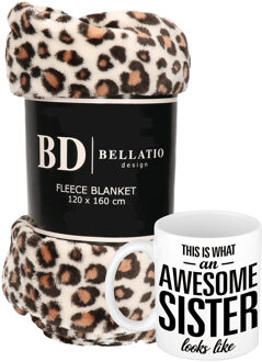 Cadeau zus set - Fleece plaid/deken luipaard print met Awesome Sister mok