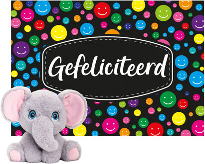 Cadeaukaart Gefeliciteerd met knuffeldier olifant 18 cm - Knuffeldier Multikleur