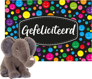 Cadeaukaart Gefeliciteerd met knuffeldier olifant 25 cm - Knuffeldier Multikleur