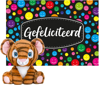 Cadeaukaart Gefeliciteerd met knuffeldier tijger 25 cm - Knuffeldier Multikleur