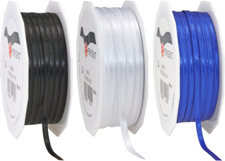 Cadeaulint/sierlint 3x rollen - zwart/blauw/wit - 3 mm x 50 meter - Hobby/decoratie/knutselen