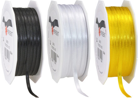 Cadeaulint/sierlint 3x rollen - zwart/geel/wit - 3 mm x 50 meter - Hobby/decoratie/knutselen