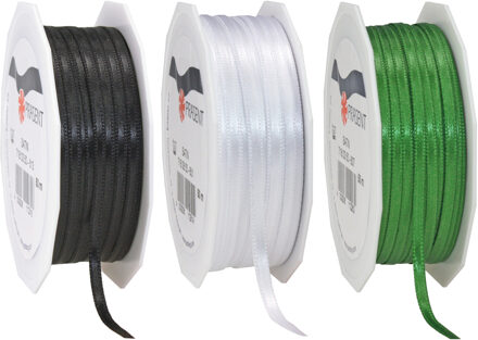 Cadeaulint/sierlint 3x rollen - zwart/groen/wit - 3 mm x 50 meter - Hobby/decoratie/knutselen