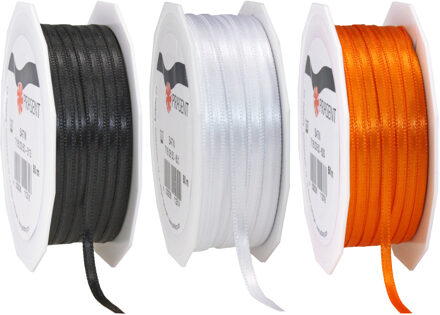 Cadeaulint/sierlint 3x rollen - zwart/oranje/wit - 3 mm x 50 meter - Hobby/decoratie/knutselen