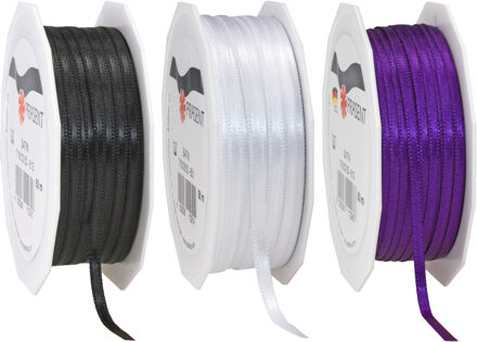 Cadeaulint/sierlint 3x rollen - zwart/paars/wit - 3 mm x 50 meter - Hobby/decoratie/knutselen