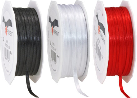 Cadeaulint/sierlint 3x rollen - zwart/rood/wit - 3 mm x 50 meter - Hobby/decoratie/knutselen