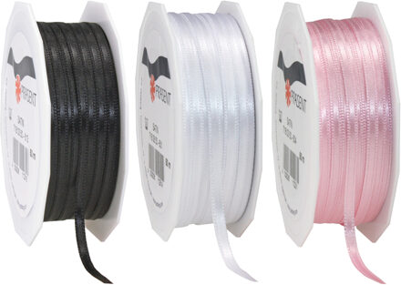 Cadeaulint/sierlint 3x rollen - zwart/roze/wit - 3 mm x 50 meter - Hobby/decoratie/knutselen