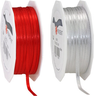 Cadeaulint/sierlint pakket - zilvergrijs/rood - 3 mm x 50 meter - Hobby/decoratie/knutselen