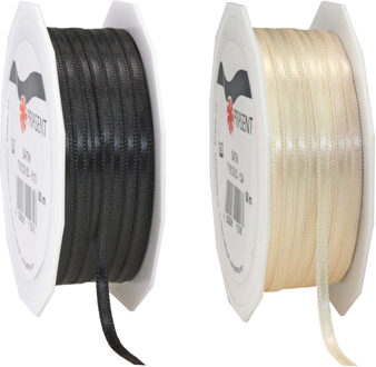 Cadeaulint/sierlint pakket - zwart/creme wit - 3 mm x 50 meter - Hobby/decoratie/knutselen