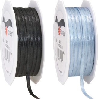 Cadeaulint/sierlint pakket - zwart/lichtblauw - 3 mm x 50 meter - Hobby/decoratie/knutselen