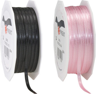 Cadeaulint/sierlint pakket - zwart/roze - 3 mm x 50 meter - Hobby/decoratie/knutselen