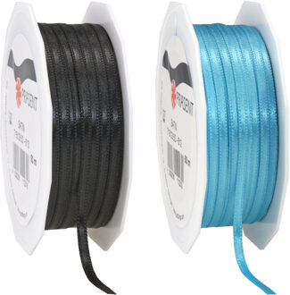 Cadeaulint/sierlint pakket - zwart/turquoise blauw - 3 mm x 50 meter - Hobby/decoratie/knutselen