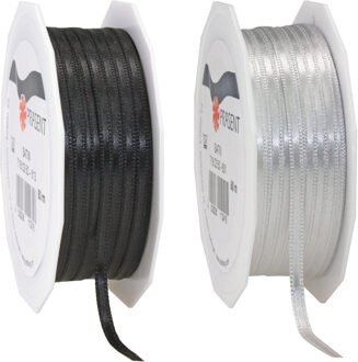 Cadeaulint/sierlint pakket - zwart/zilvergrijs - 3 mm x 50 meter - Hobby/decoratie/knutselen