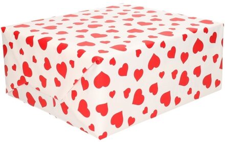 Cadeaupapier - rol - wit met rode hartjes - 200 x 70 cm - 80 grams - inpakpapier