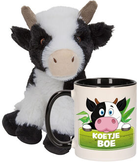 Cadeauset kind - Koeien knuffel 19 cm en Drinkbeker/mok Koe 300 ml - Knuffel boederijdieren Multikleur