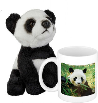 Cadeauset kind - Panda knuffel 15 cm en Drinkbeker/mol Panda 300 ml - Knuffeldier Multikleur