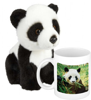 Cadeauset kind - Panda knuffel 18 cm en Drinkbeker/mol Panda 300 ml - Knuffeldier Multikleur
