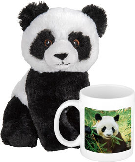 Cadeauset kind - Panda knuffel 19 cm en Drinkbeker/mol Panda 300 ml - Knuffeldier Wit