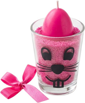 Cadeauset Pasen - roze - 11 cm - in glas - decoratie zand - kaars