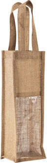 Cadeautas verpakking voor 1 fles wijn/champagne - jute - met transparant venster Beige