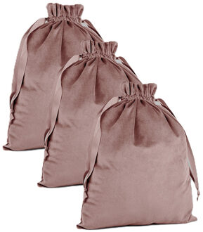 Cadeauzakje/opbergzakje met trekkoord - 3x - velvet - roze - 24 x 17 cm - luxe