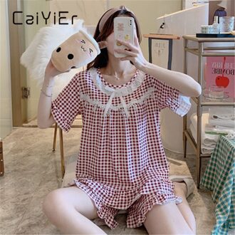 Caiyier Zomer Zoete Meisjes Pyjama Set Plaid Ronde Hals Kant Retro Nachtkleding Voor Vrouwen Korte Mouw Shorts Homewear Pak 2901-rood / Xl