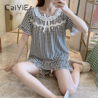 Caiyier Zomer Zoete Meisjes Pyjama Set Plaid Ronde Hals Kant Retro Nachtkleding Voor Vrouwen Korte Mouw Shorts Homewear Pak 2901-zwart / L