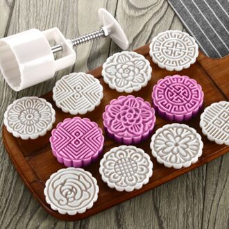 Cake Plunjers Set 75G Ronde Maan Cakevorm Goedkope Keuken Bakvormen Handpers Cakevorm Bloem Mooncake Gereedschappen 8 Stempel