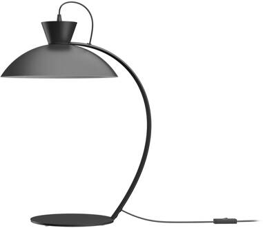 Calao tafellamp, arm gebogen kap rond zwart, wit