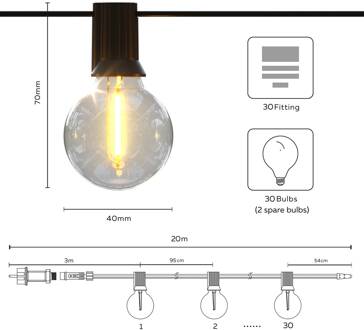Calex Solar LED-lichtketting Vista, lengte 20 meter, IP44 zwart, transparant
