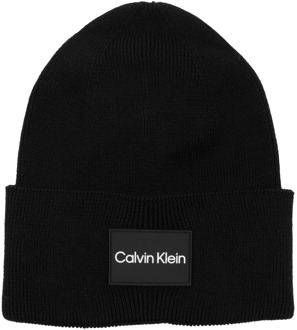 Calvin Klein Effen Logo Beanie Calvin Klein , Black , Heren - ONE Size