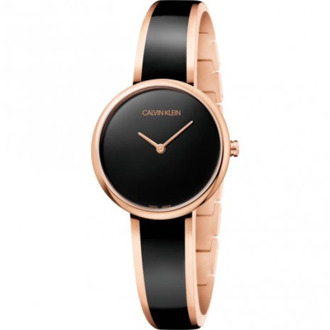 Calvin Klein Elegant quartz horloge met zwarte wijzerplaat en roségouden stalen band Calvin Klein , Black , Dames - ONE Size