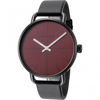 Calvin Klein Elegante Quartz Horloge met Bordeaux Rode Wijzerplaat en Zwarte Leren Band Calvin Klein , Black , Dames - ONE Size