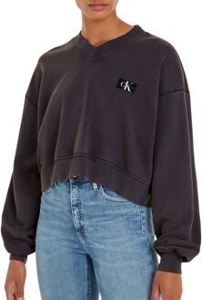 Calvin Klein Woven Label Washed V-neck Sweater Dames donkergrijs