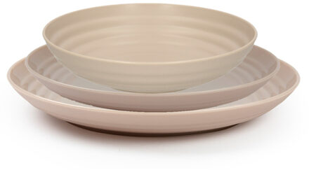 camping borden set - beige - kunststof - 3 soorten - 24x stuks - onbreekbaar servies