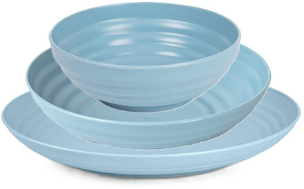 camping borden set - blauw - kunststof - 3 soorten - 18x stuks - onbreekbaar servies