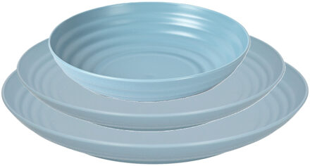 camping borden set - blauw - kunststof - 3 soorten - 24x stuks - onbreekbaar servies