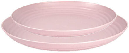 camping borden set - roze - kunststof - 2 soorten - 12x stuks - onbreekbaar servies
