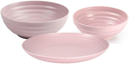 camping borden set - roze - kunststof - 3 soorten - 18x stuks - onbreekbaar servies
